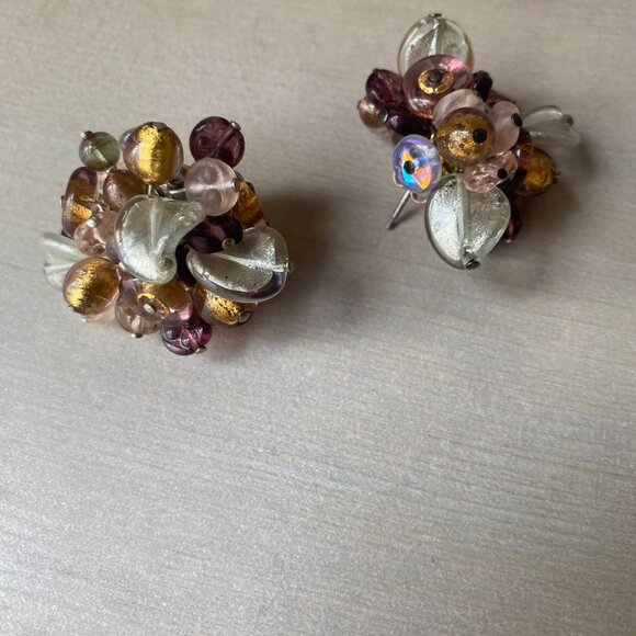 VTG 925 Italy Pierced Glass Chunky Cluster Earrings Brown Purple Rossana fairy - Picture 7 of 14